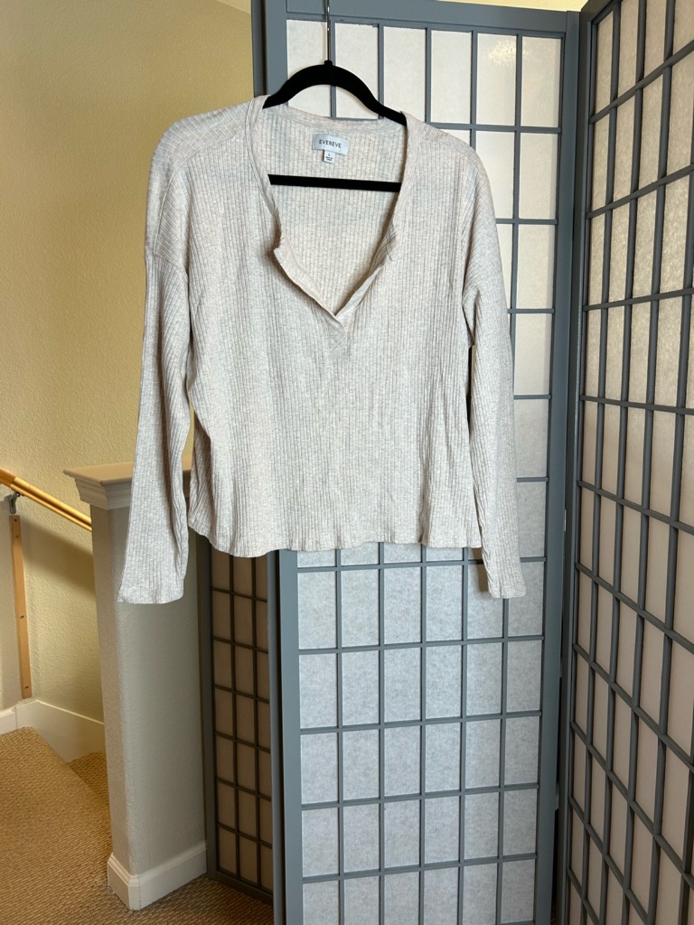 Evereve Cream Ribbed V-Neck Lightweight Long Sleeve Top